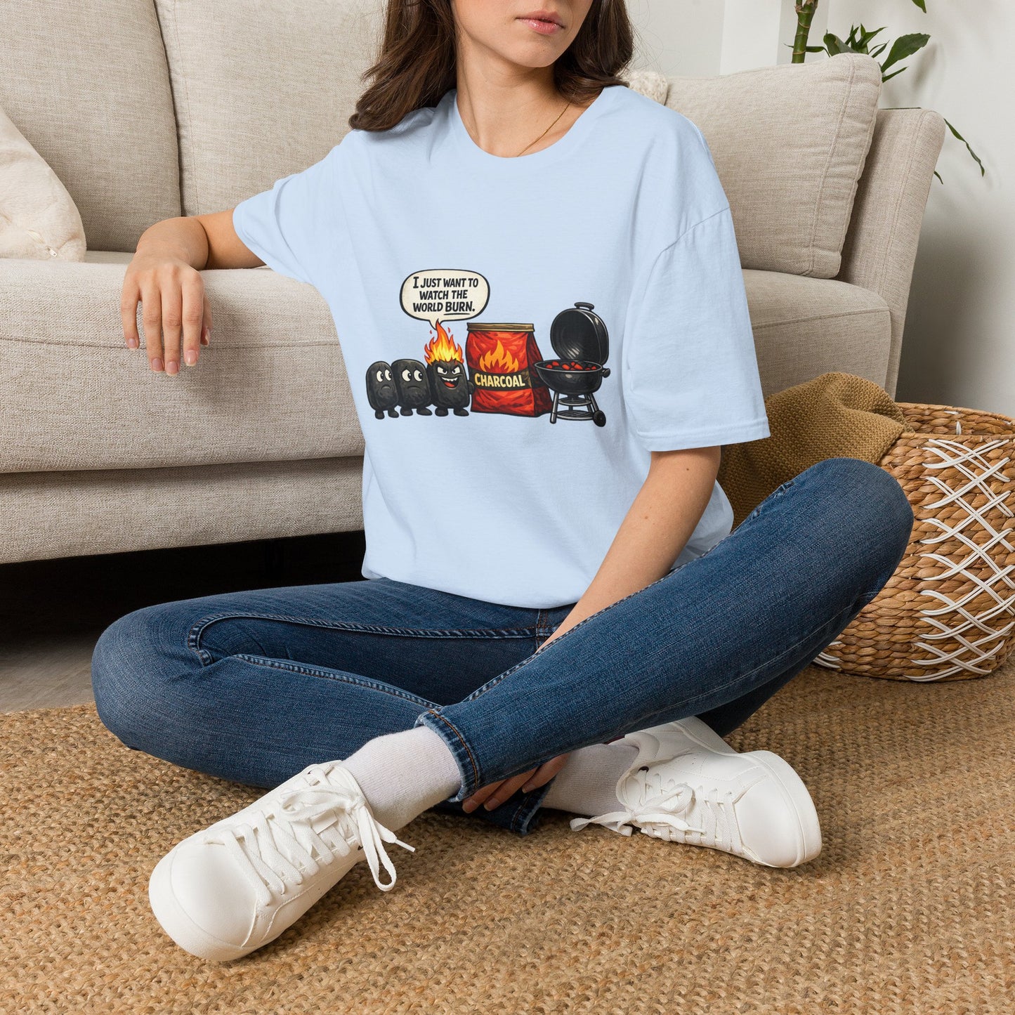 I Just Want to Watch the World Burn | Funny BBQ Charcoal Cartoon T-ShirtUnisex Softstyle T-Shirt