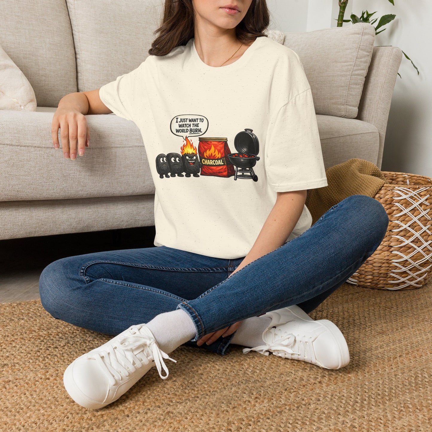 I Just Want to Watch the World Burn | Funny BBQ Charcoal Cartoon T-ShirtUnisex Softstyle T-Shirt