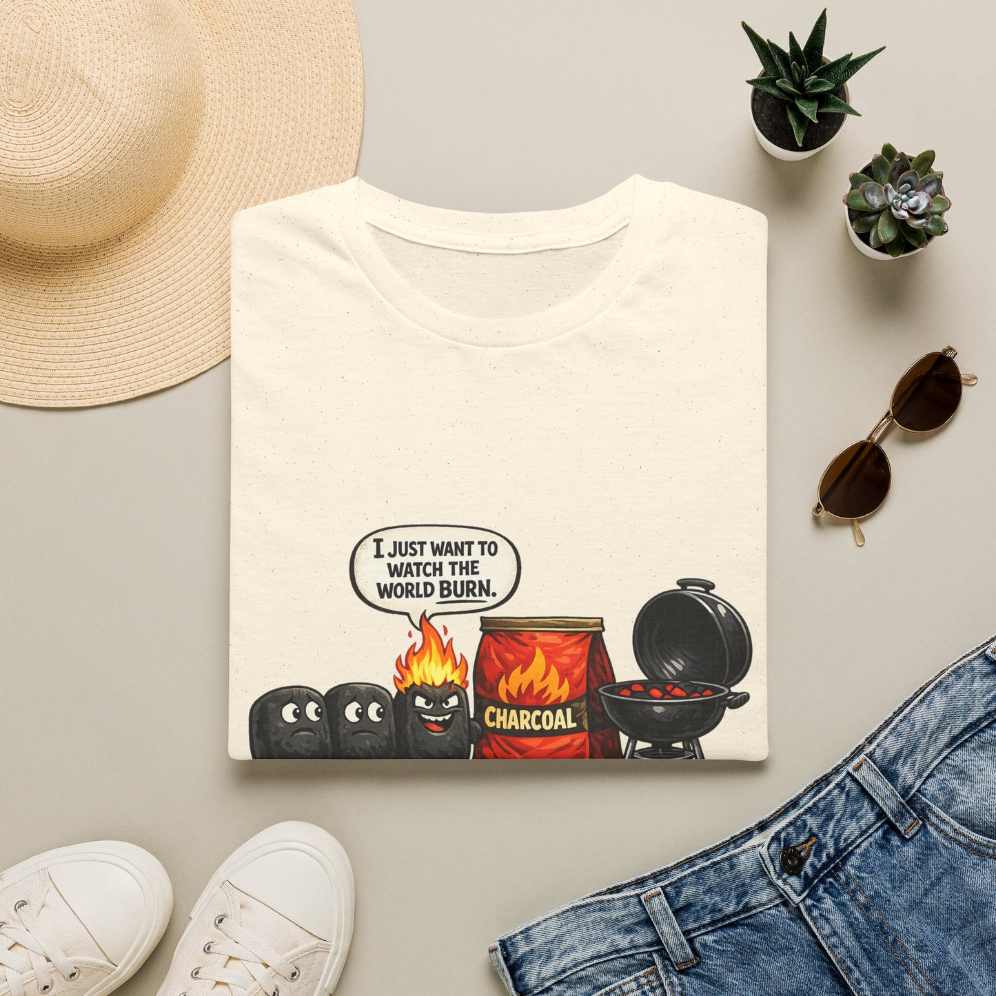 I Just Want to Watch the World Burn | Funny BBQ Charcoal Cartoon T-ShirtUnisex Softstyle T-Shirt
