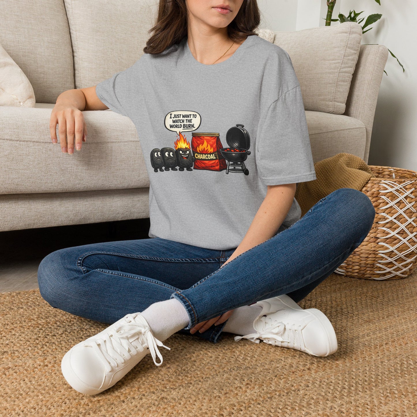 I Just Want to Watch the World Burn | Funny BBQ Charcoal Cartoon T-ShirtUnisex Softstyle T-Shirt