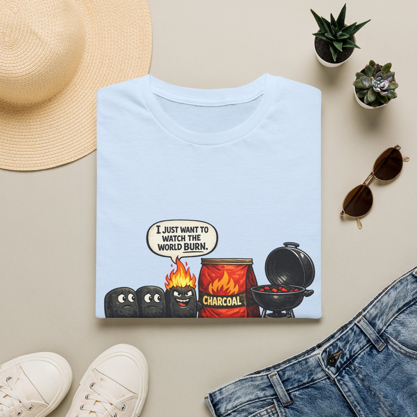 I Just Want to Watch the World Burn | Funny BBQ Charcoal Cartoon T-ShirtUnisex Softstyle T-Shirt